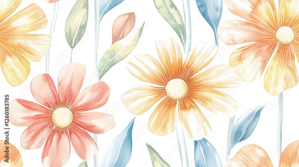 Obraz premium Watercolor Floral Seamless Pattern Delicate Peach Yellow and Blue Flowers