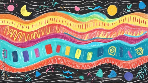 Colorful abstract mural showcasing vibrant patterns with swirls and shapes against a dark background during daylight