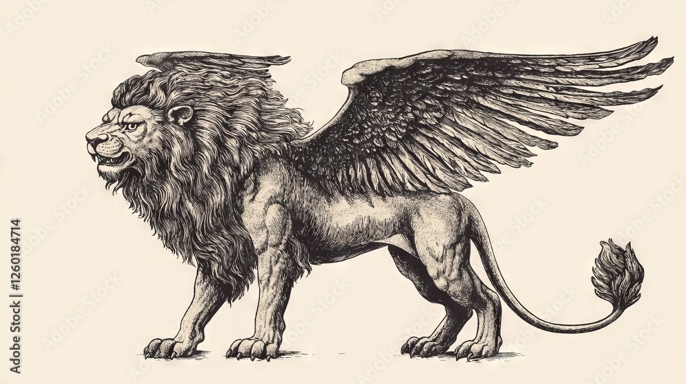 Obraz premium Winged lion creature stands majestically with detailed features in an artistic rendering showcasing strength and mythic symbolism