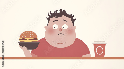 Hesitant Hunger: A cartoon illustration of an overweight person looking concerned while holding a hamburger and a coffee cup, depicting internal conflict about unhealthy food choices.