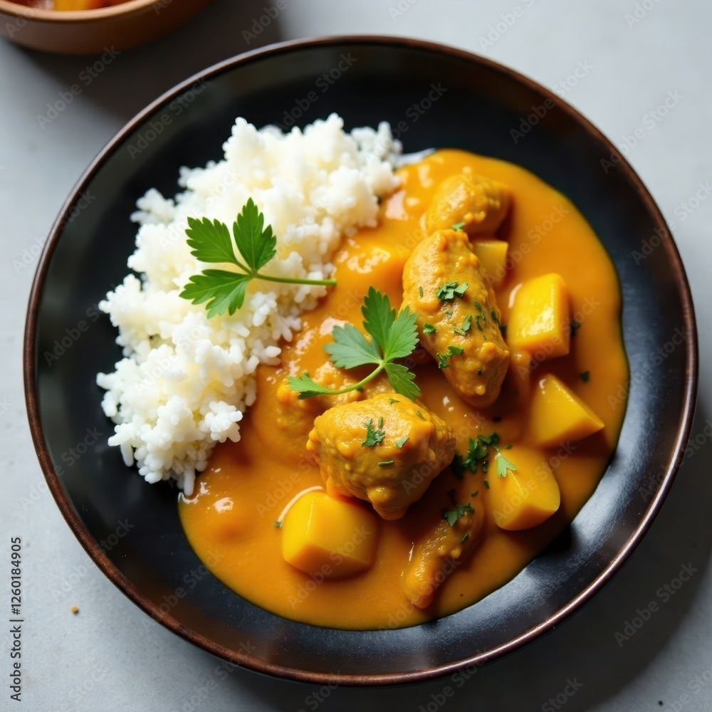 Succulent turkey mango curry, vibrant orange, served with fluffy rice on a sleek black plate, color, healthy, tasty Succulent turkey mango curry, vibrant orange, served with fluffy rice on a sleek black plate, color, healthy, tasty