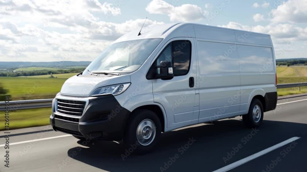 White cargo van on highway highlighting delivery and shipping industry White cargo van on highway highlighting delivery and shipping industry