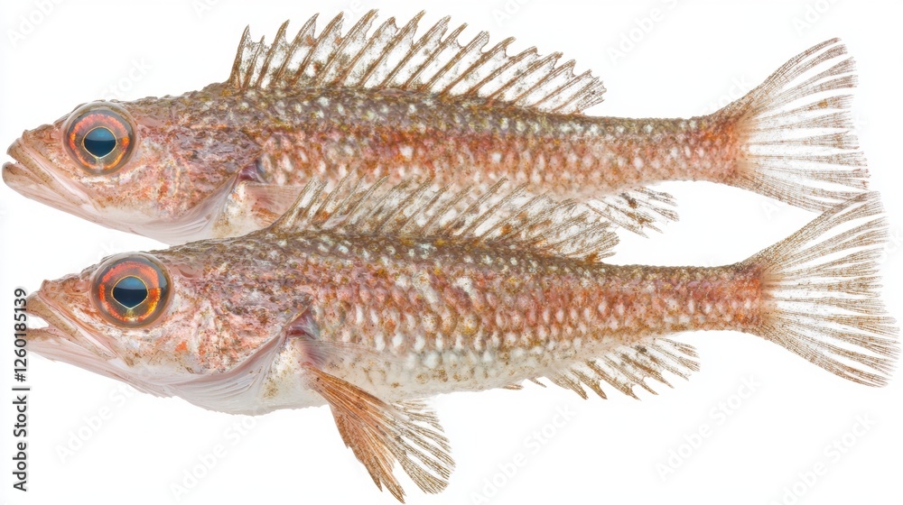 Detailed Close-Up of Two Vibrant Freshwater Fish with Unique Scale Patterns and Gills Detailed Close-Up of Two Vibrant Freshwater Fish with Unique Scale Patterns and Gills