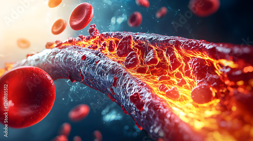 Blood Vessel Microscopic View: A dramatic, vibrant close-up of a red blood vessel with red blood cells flowing through, showcasing the intricate beauty of the human circulatory system.