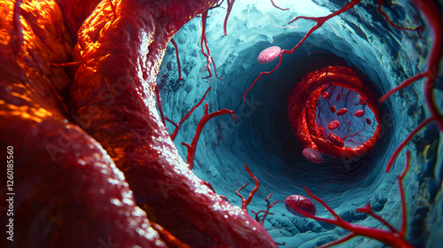 Journey Through the Bloodstream: A microscopic view into the human circulatory system, revealing a vibrant, detailed rendering of blood vessels and cells. The intricate network pulses with life.