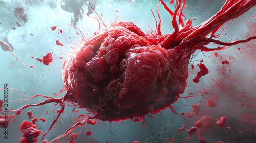 Cancer Cell Explosion: A dramatic microscopic view of a cancerous cell exploding, showcasing intricate details and vibrant red hues against a hazy background.