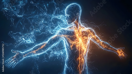Inner Fire, Outer Calm: An abstract artistic rendering of a human form, with cool blue energy swirling around it and warm orange flames emanating from the spine.