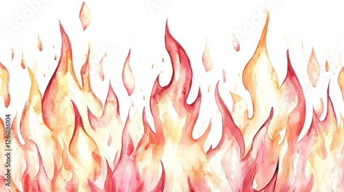 Vibrant Watercolor Painting of Fiery Flames Burning Hot Intense Orange and Red Fire Design