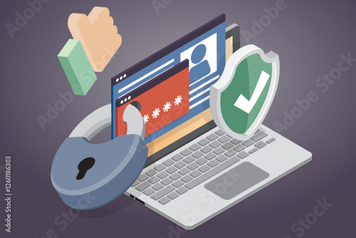 Privacy policy, data protection, digital security, personal confidential information, online safety. Laptop with shield and lock. 3d flat isometric vector illustration.