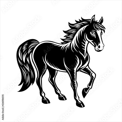  A black and white vector linocut-stile illustration featuring a horse