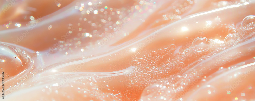 Elegant translucent beige gel texture with bubbles and reflections in a clean cosmetic setting Elegant translucent beige gel texture with bubbles and reflections in a clean cosmetic setting