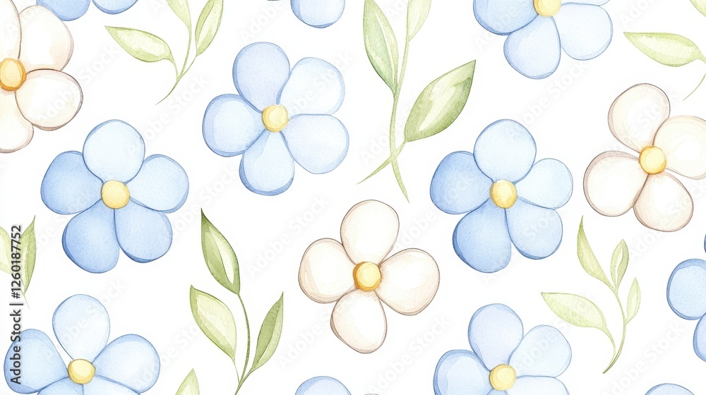 Obraz premium Watercolor Seamless Pattern Delicate Blue and Cream Flowers with Greenery Botanical Illustration