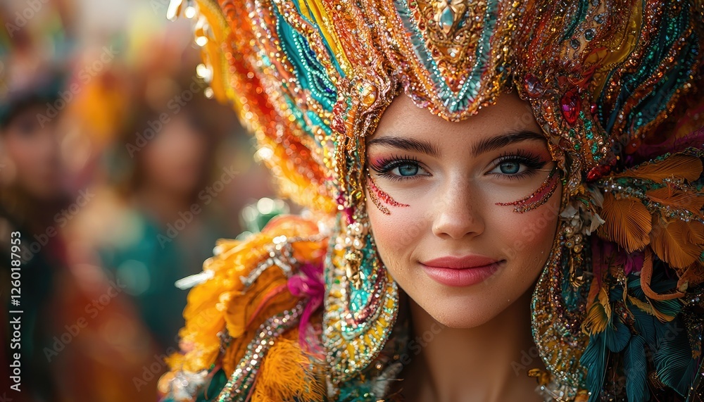 Woman adorned in vibrant carnival headdress and costume Woman adorned in vibrant carnival headdress and costume