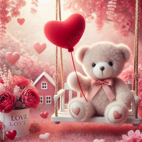 Romantic Teddy Bear with Heart Balloons