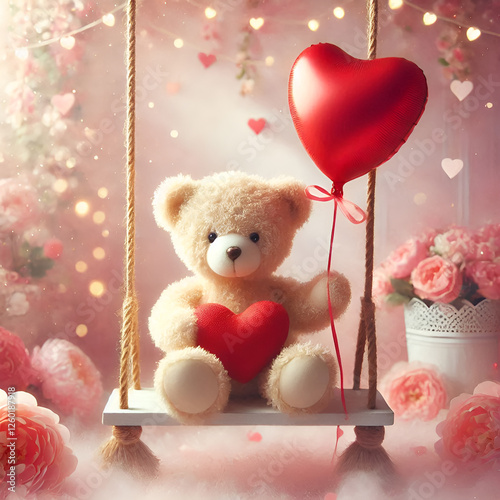 Sweet Teddy Bear with Heart Balloons and Window View