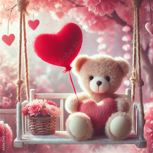 Teddy Bear Holding a Heart Balloon in Romantic Setup