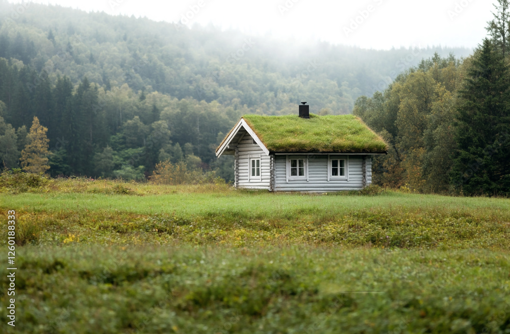 traditional Nordic log house with a grass-covered roof, blending into the natural surroundings traditional Nordic log house with a grass-covered roof, blending into the natural surroundings