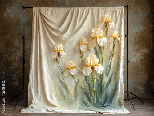 Vintage studio set - Creamy iris watercolor on linen backdrop, 300dpi, 3d illustration