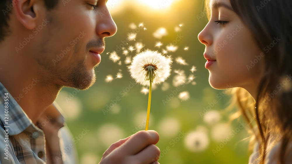 Dad and daughter blow on a dandelion, symbolizing love and connection, during Parenting Saturday in the spring. Dad and daughter blow on a dandelion, symbolizing love and connection, during Parenting Saturday in the spring.
