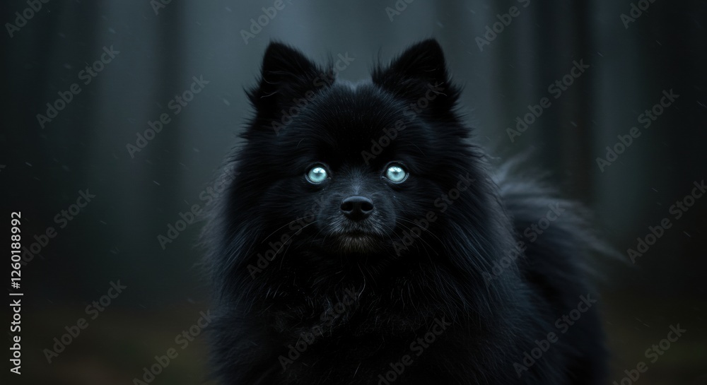 Obraz premium Black pomeranian with striking blue eyes stands in a misty forest, creating an atmospheric scene