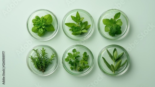 A top-down view of six petri dishes containing various fresh green herbs arranged aesthetically on a light background.
