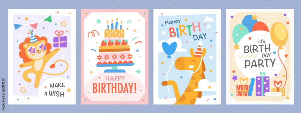 Birthday cards with cute animals and lettering, event supplies, balloons, banners, gift box, cake Birthday cards with cute animals and lettering, event supplies, balloons, banners, gift box, cake