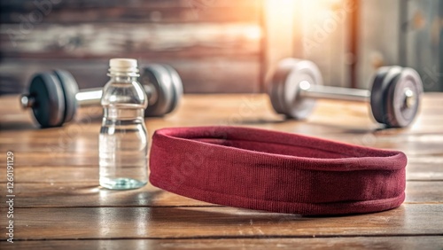 Fitness Equipment Setup with Dumbbells, Water Bottle, and Headband photo