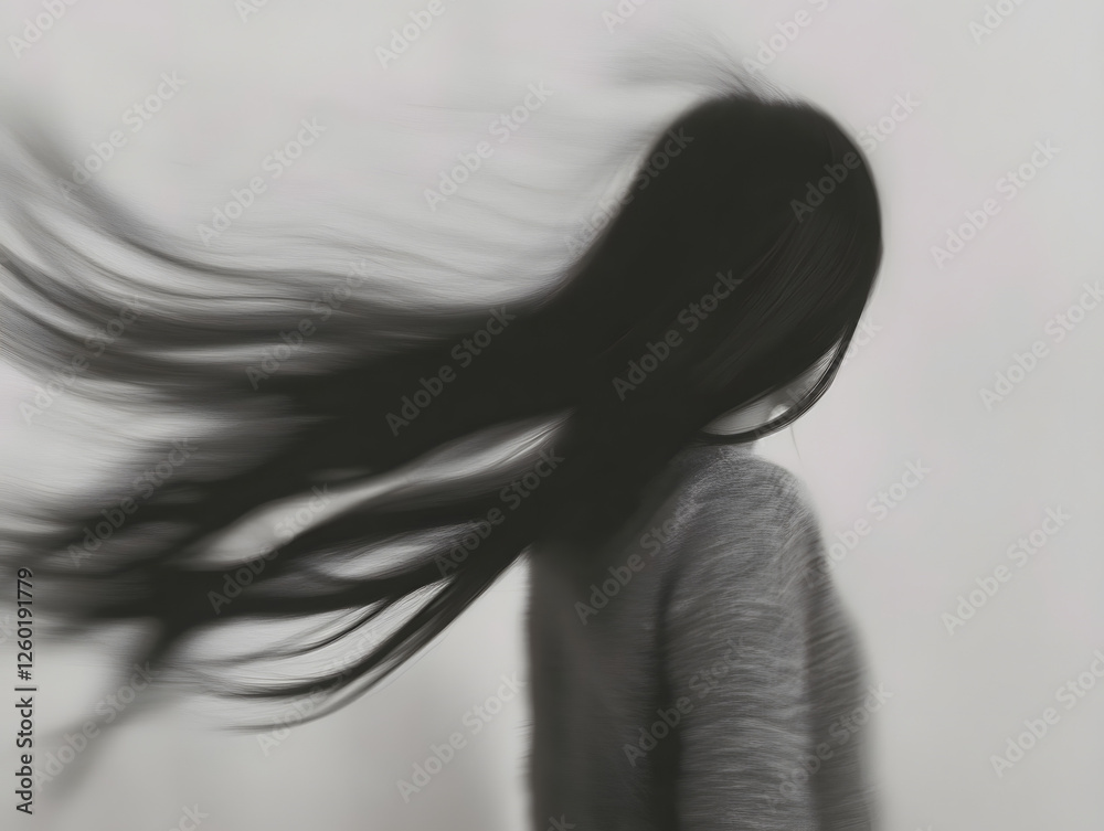 Naklejka premium Black and White Portrait of a Woman with Flowing Hair, Mystery and Motion