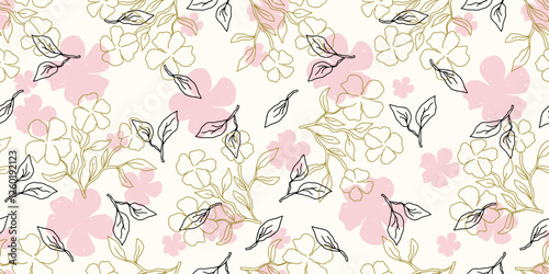 Hand drawn seamless floral pattern featuring pink flowers and green leaves on a light background vector illustration
