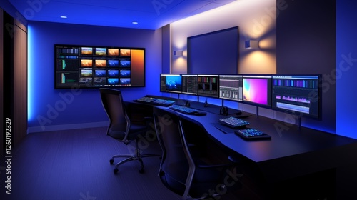 Modern editing suite with multiple monitors displaying colorful video content in a dimly lit room