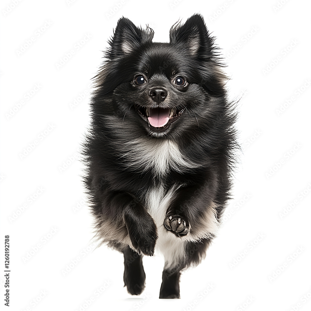 Obraz premium Happy labyrinth of happy Finnish Lapphund running towards the camera, isolated on a white background, high-resolution, photorealistic image. 