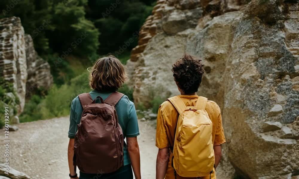 Two children with backpacks walk hand in hand on a scenic trail, embodying friendship and curiosity amidst rocky landscapes, perfect depiction of childhood adventure. Two children with backpacks walk hand in hand on a scenic trail, embodying friendship and curiosity amidst rocky landscapes, perfect depiction of childhood adventure.