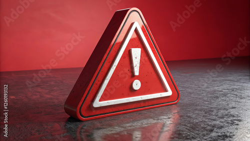 A red triangular warning sign with an exclamation mark is placed on a reflective surface against a bold red background, symbolizing caution, danger, risk, and alert messages in various situations.	 photo