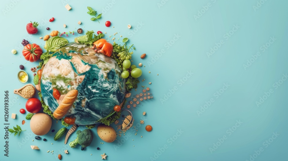 A creative digital representation of Earth made from fresh food ingredients, symbolizing sustainable agriculture, healthy eating, and global food security on a pastel blue background. AI generated.