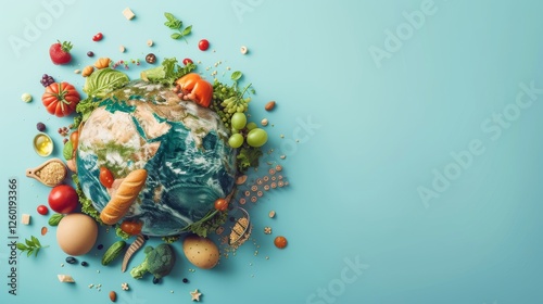 Obraz na płótnie A creative digital representation of Earth made from fresh food ingredients, symbolizing sustainable agriculture, healthy eating, and global food security on a pastel blue background. AI generated. w salonie