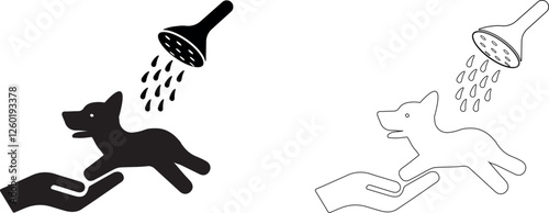 Dog bathes in your arms. Grooming vector icon. Shower for pets.