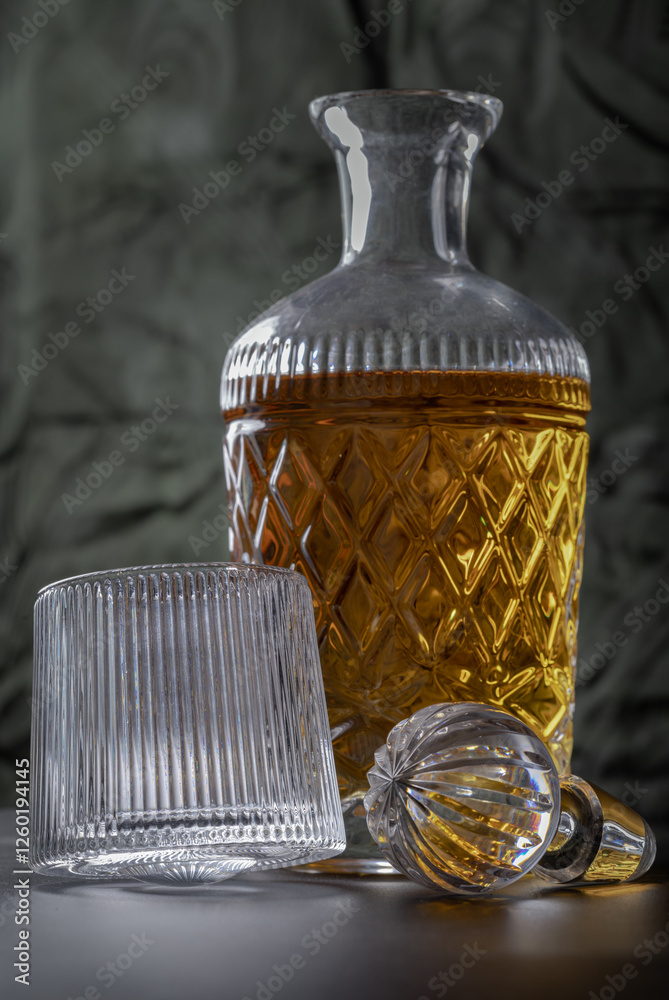 Design elements of The crystal decanter of whiskey, Glass Lid with Whiskey glass with reflection. use it as your Wallpaper, Poster and Space for text, Selective focus.