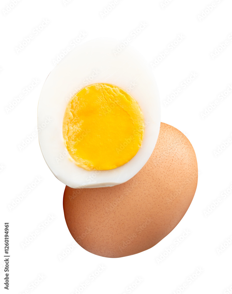 Front view of single raw chicken egg and peeled cooked or boiled egg with egg yolk in half in stack isolated with clipping path in png file format Front view of single raw chicken egg and peeled cooked or boiled egg with egg yolk in half in stack isolated with clipping path in png file format