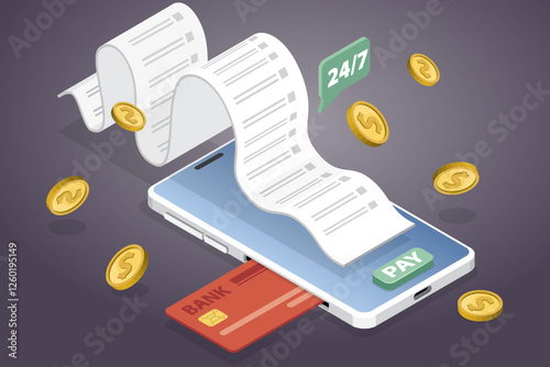 Bill payment concept. 3d flat isometric vector illustration of mobile payment, shopping, banking.