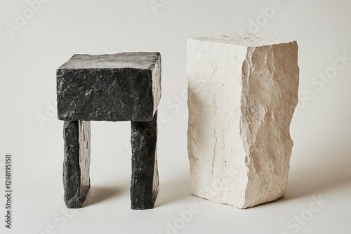 Un taburete de piedra negra y blanca junto a una piedra blanca.