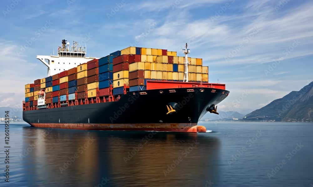 A massive cargo ship sailing on calm waters, fully loaded with colorful containers, highlighting the importance and scale of maritime trade and shipping.