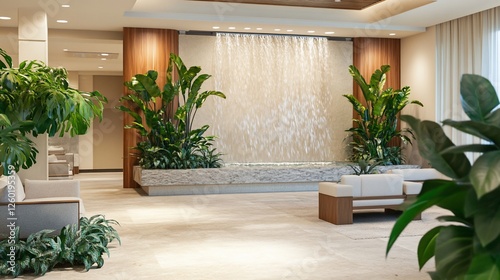 Tranquil lobby waterfall, plants, modern design, relaxation