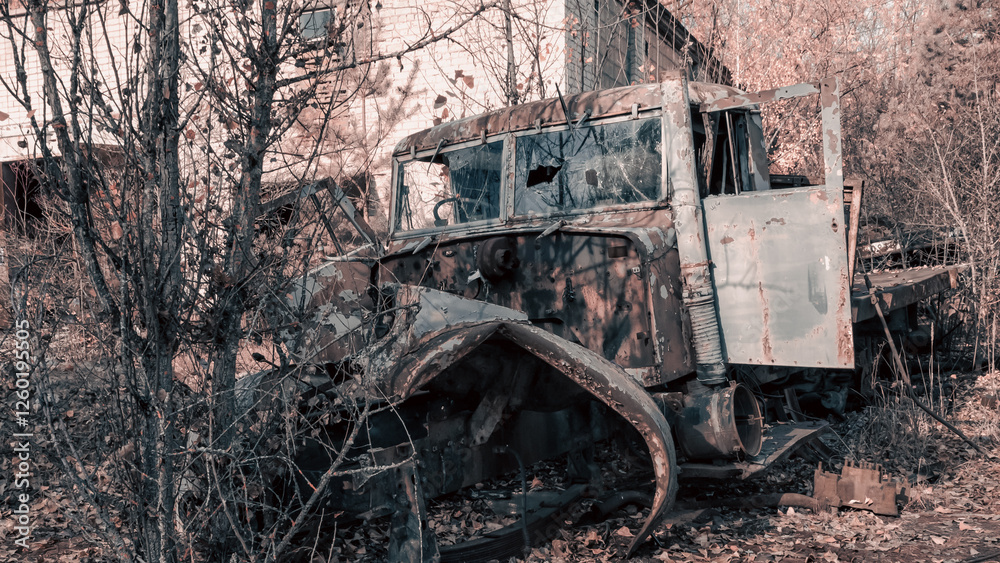 Fototapeta premium broken truck near an abandoned building in Chernobyl
