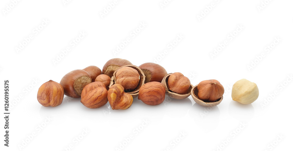 Split hazelnuts isolated on white background Split hazelnuts isolated on white background