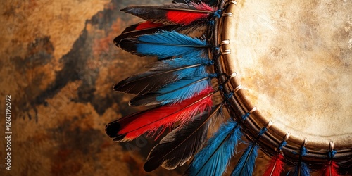 Feathered drum in hues of blue, red, and black rests on a rich, textured brown surface; its upper half tilts elegantly to the left photo
