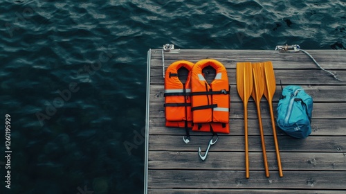 Neatly arranged boating equipment on a dock, emphasizing safety and leisure. Ideal for boating and outdoor content.