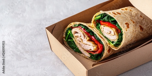 Whole wheat wrap filled with turkey, spinach, and roasted red peppers. Healthy lunch box.