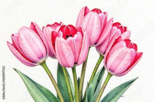 Bouquet of pink tulips on a light background. Watercolor elegant illustration.