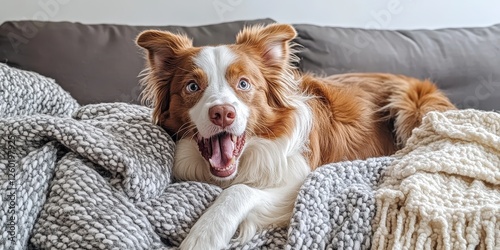 A charming Border Collie lies serenely on a cozy gray-and-white knitted blanket. With its head resting on front paws and mouth slightly ajar, revealing its pearly teeth photo