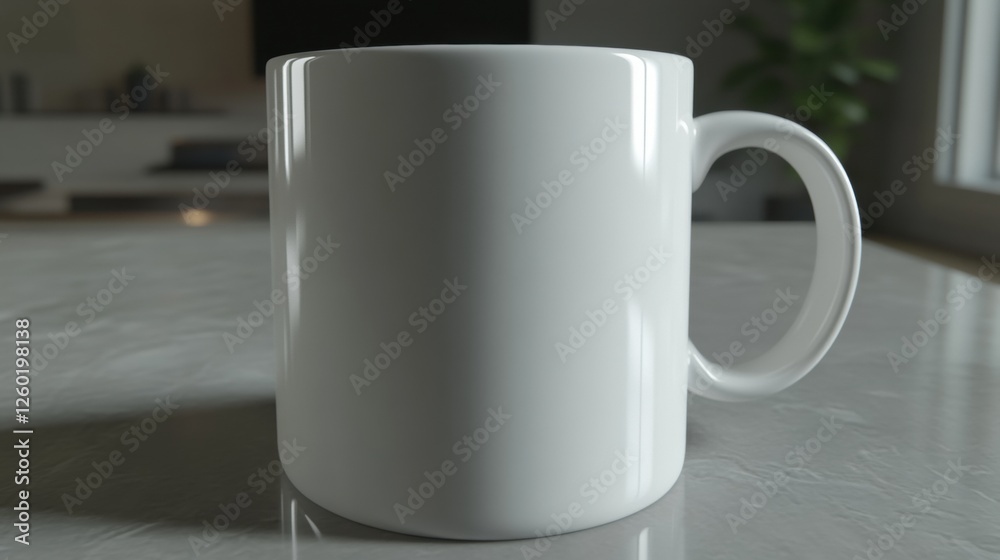 Obraz premium Minimalist White Ceramic Mug on a Stylish Kitchen Countertop in Natural Morning Light